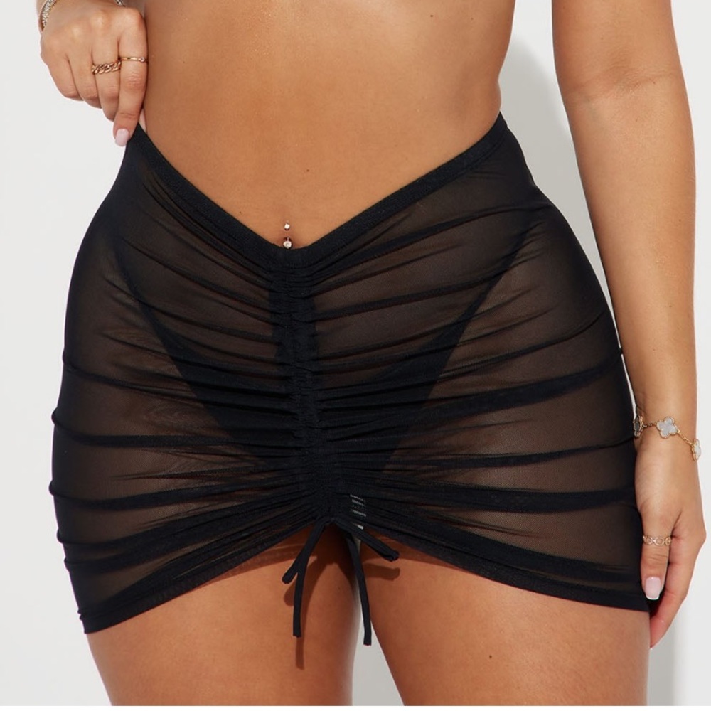 Black Mesh Ruched Cover Up Skirt